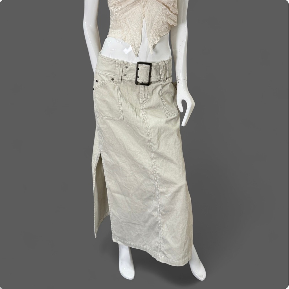 Y2K Corduroy Maxi Skirt Beige Belted Low Rise 9 NWT